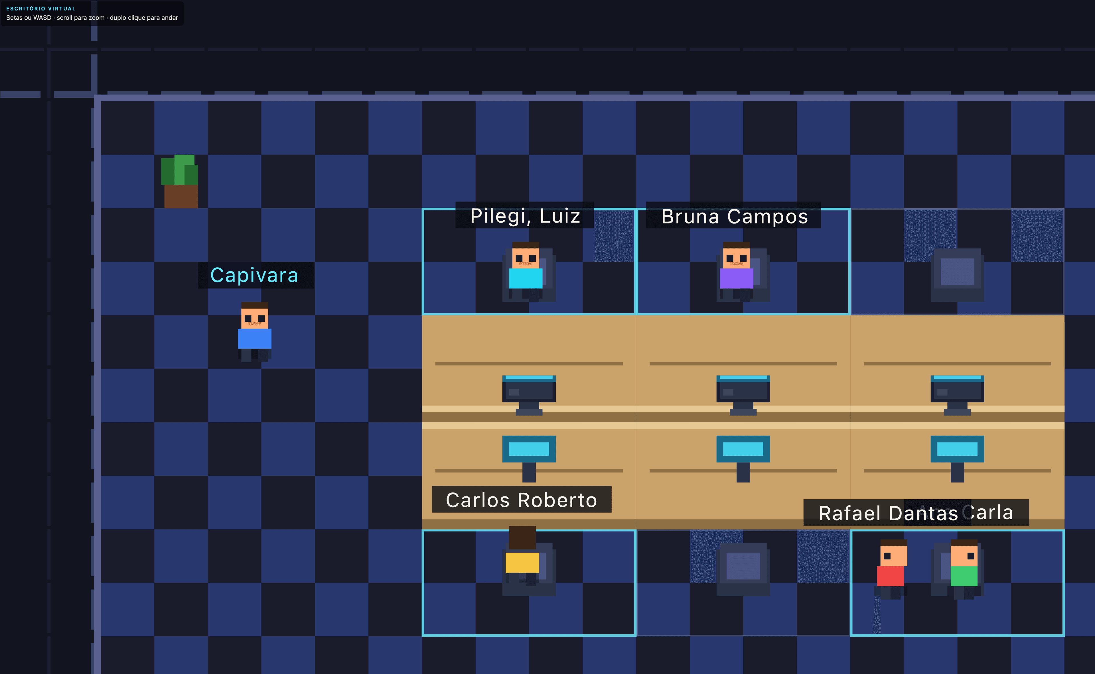 Mapa do escritório virtual com a equipe nas mesas